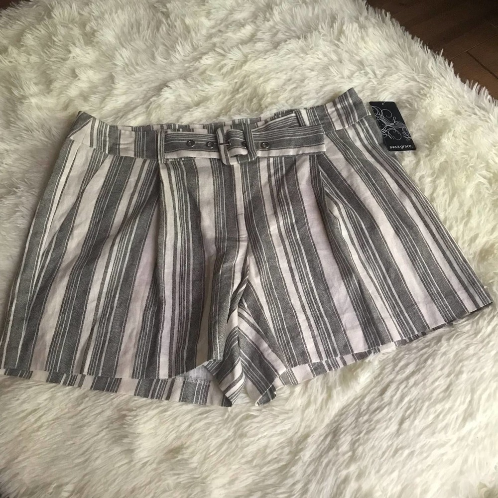 Ava & Grace Shorts Womens Size‎ 8 Gray Striped Belted Linen Rayon Blend